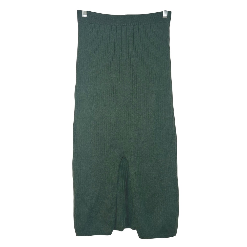 Free People Green Ribbed Knit Midi Skirt Front Slit Size S preppy fall comfy